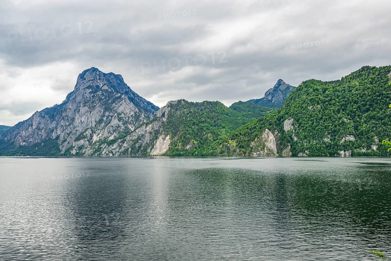 Landscape of Lake Traunsee on a rainy day in spring, Traunstein summit, Traunkirchen, Salzkammergut, Austria