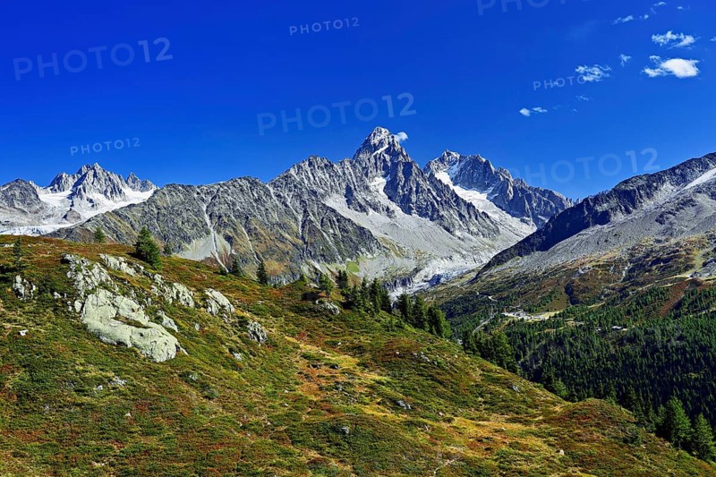 From left front Glacier du Tour back Aiguilles du Tour, right Aiguille du Chardonnet, in front foothills of the Argentière Glacier, Chamonix-Mont-Blanc, Haute-Savoie, France