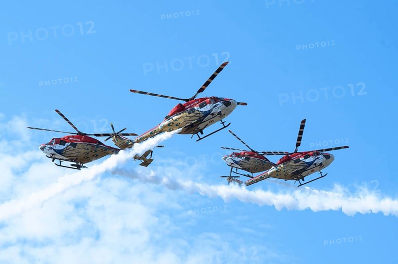 Indian Air Force aerobatic team performs during rehearsals ahead of the air show organised as part of the 93rd Air Force Day celebrations, on November 5, 2025 in Guwahati, India