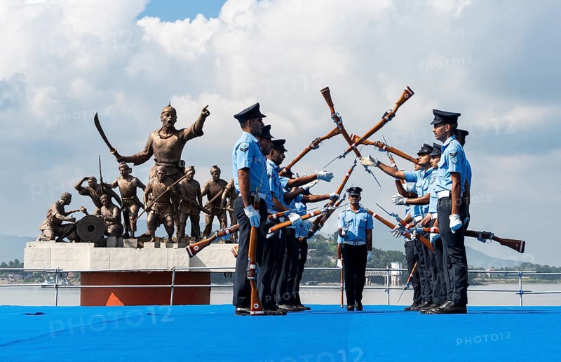 Indian Air Force personnel performs a bayonet drill demonstration on the bank of Brahmaputra river, during rehearsals ahead of the air show organised as part of the 93rd Air Force Day celebrations, on November 5, 2025 in Guwahati, India