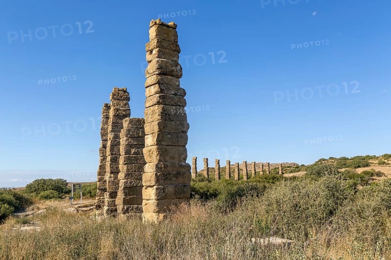 Stone columns of ancient aqueduct, Roman site of Los Banales, near Layana, Zaragoza province, Aragon, Spain