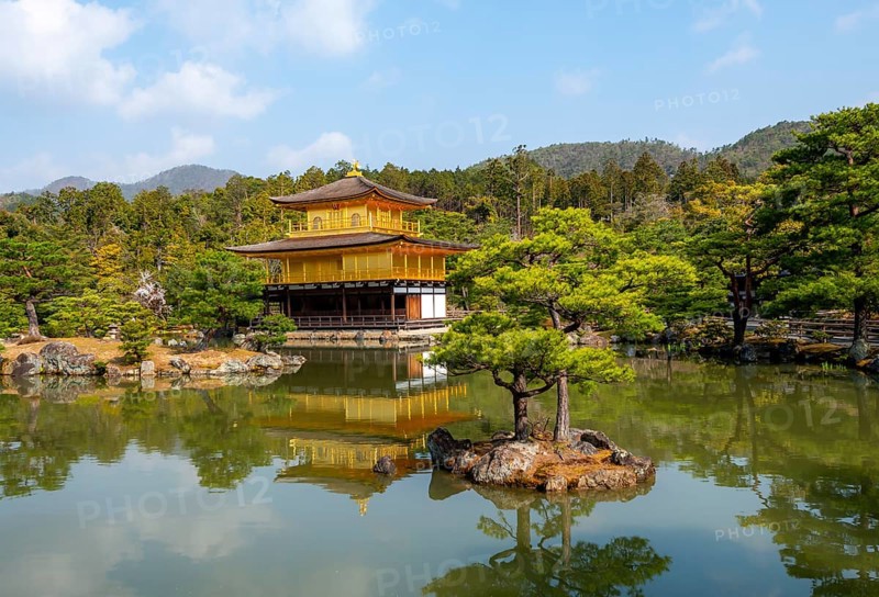 Golden Pavilion reflected in pond, Japanese garden, Golden Pavilion Temple, Kinkaku-ji reliquary, Buddhist temple complex, Kyoto, Japan