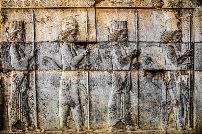 Relief detail of the delegation of peoples bringing gifts to Darius on the stairs of the Apadana Palace, Persepolis
