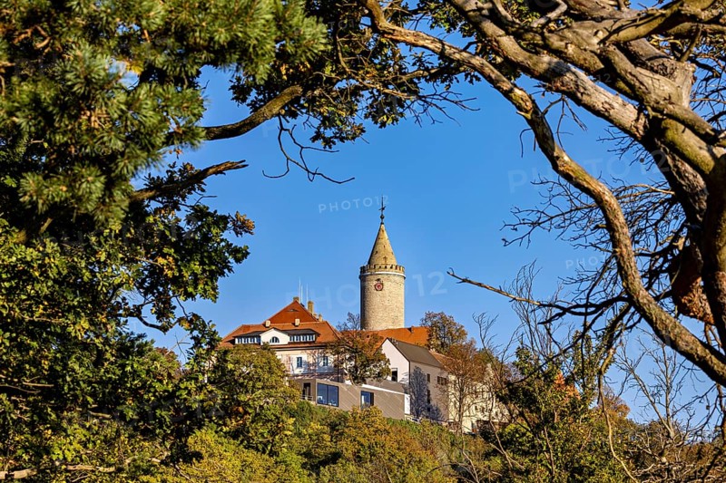 A castle with a tower, framed by trees and branches, in front of a clear autumn sky, The Leuchtenburg near Kahla im Saale Holzlandkreis in Thuringia