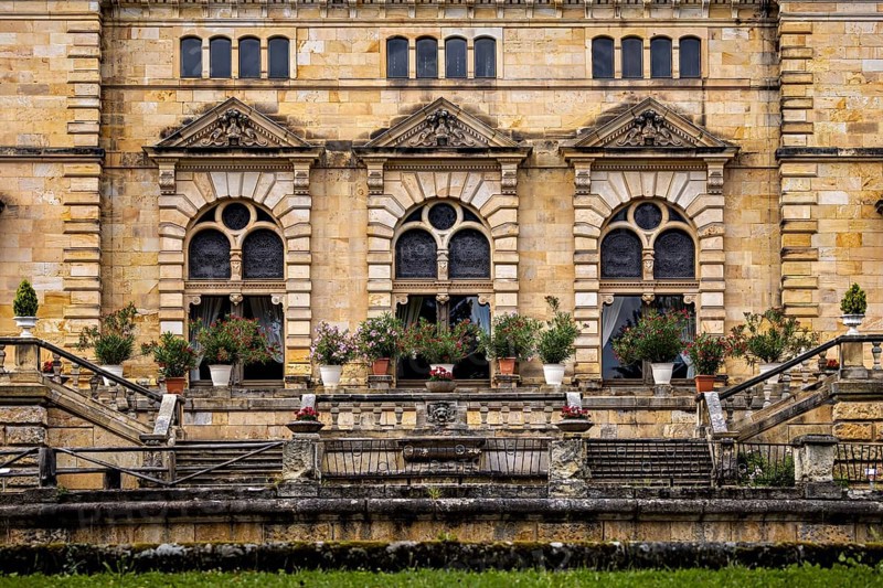 Detailed design of castle windows with decorative flowers, The Hummelshain hunting lodge in Thuringia