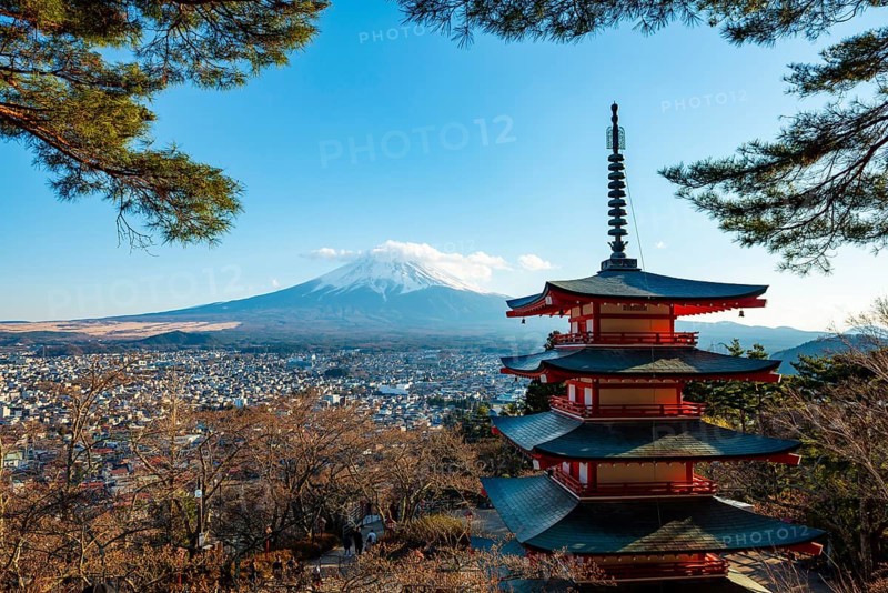 Five-story pagoda of a Shinto Shrine, Chureito Pagoda, with views of Fujiyoshida City and Mount Fuji Volcano, Arakura Fuji Sengen Shrine, Arakurayama Sengen Park, Yamanashi Prefecture, Japan