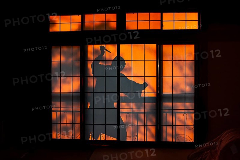 Shadow of a man, burglar with knife, assassin, ninja, on the balcony behind sliding shoji doors in a traditional Japanese house, Yamanouchi, Nagano, Japan