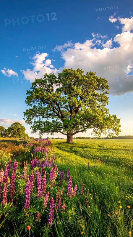A serene landscape featuring a large tree by a stream at sunset with vibrant green grass and blooming flowers, spring landscape, the oak branch of nature, clear blue sky, idyllic atmosphere with green grass meadow, hills in the calm nature, AI generated