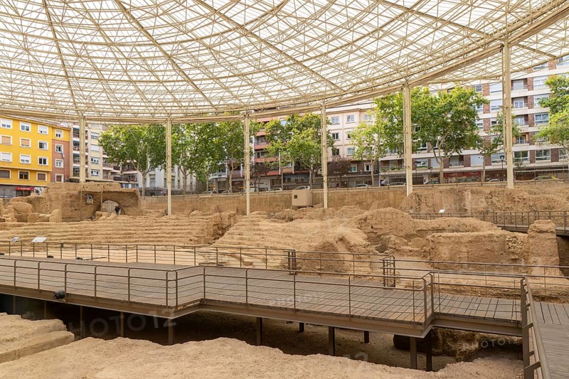Covered ruins of Roman theatre amphitheatre, Zaragoza, Aragon, Spain