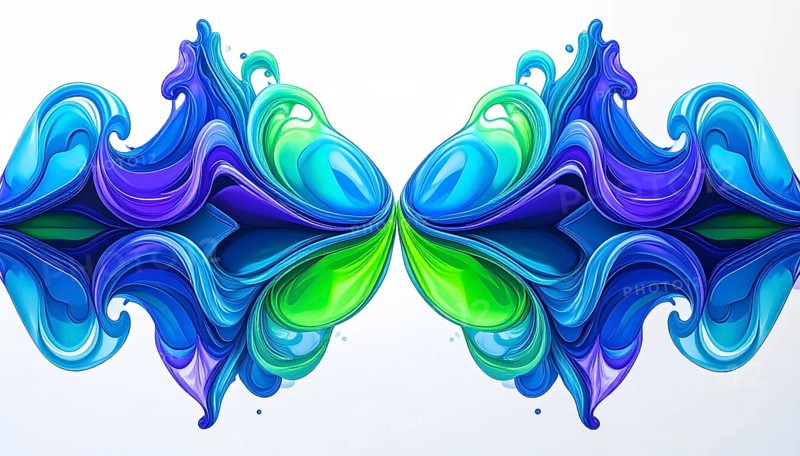 Symmetric Abstract Bright Liquid Ornament Background, futuristic wallpaper template illustration, vibrant blue and green neon hues, AI generated