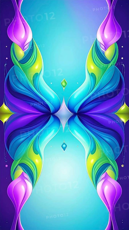 Symmetric Abstract Bright Liquid Ornament Background, futuristic wallpaper template illustration, vibrant blue and green neon hues, AI generated