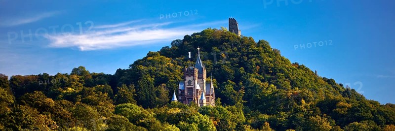 The mountain Drachenfels with Drachenburg Castle and the castle ruins, Siebengebirge, Königswinter, North Rhine-Westphalia, Germany