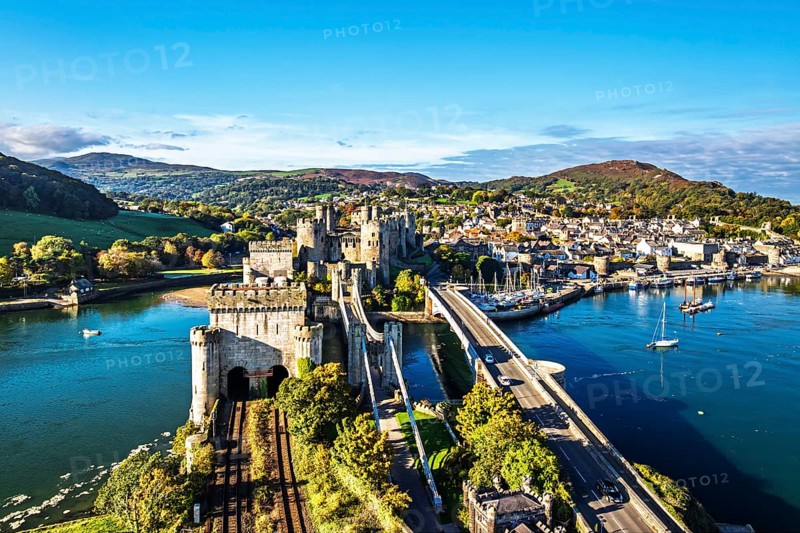 Conwy Castle over River Convy from a drone, Convy, North Wales, England, United Kingdom