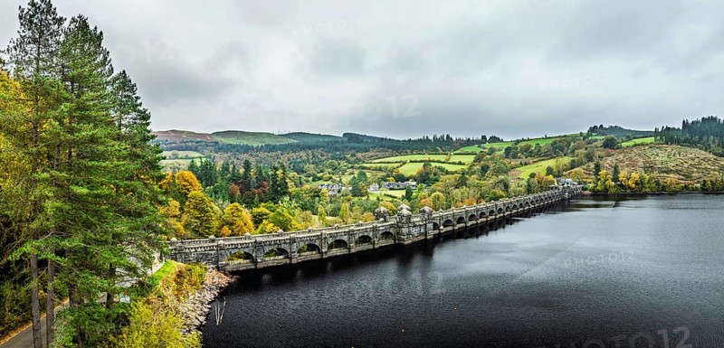 Llyn Brianne Dam and Reservoir from a drone, Lake Vyrnwy, Powys, Wales, England, United Kingdom