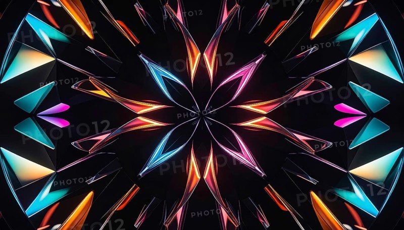 Abstract background of slightly unfocused multicolored glass lenses spinning and rotating, wallpaper illustration in vibrant neon colors, mandala background for business, textures and pattern, AI generated