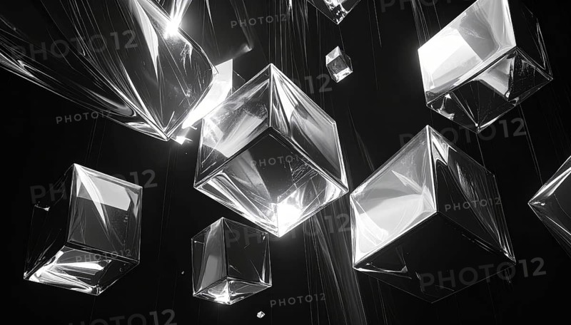 Abstract animation, glass cubes on black background, modern business wallpaper illustration, AI generated