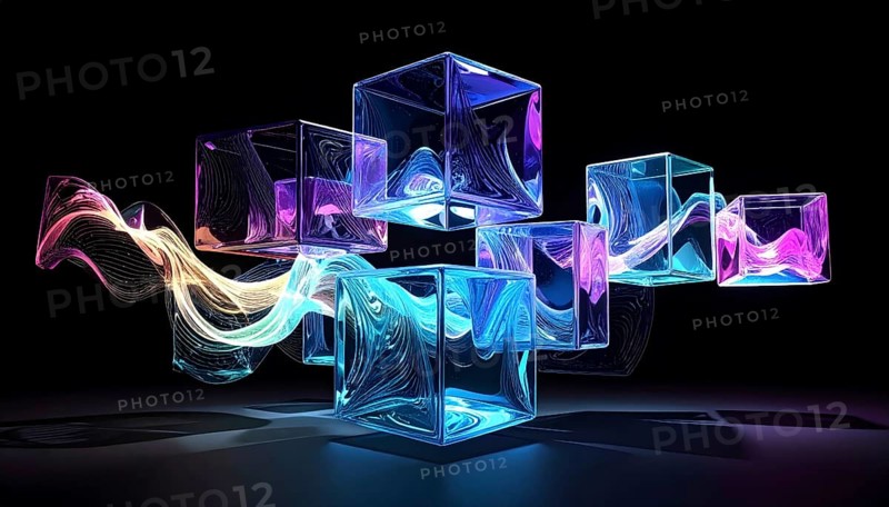 Abstract animation, glass cubes on black background, modern business wallpaper illustration, AI generated