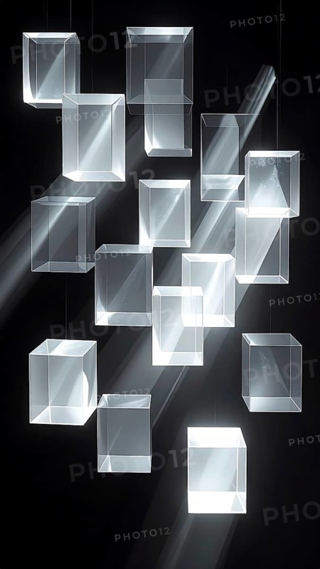 Abstract animation, glass cubes on black background, modern business wallpaper illustration, AI generated