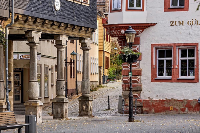 Historic old town with half-timbered houses, cobbled streets and autumnal atmosphere, the old town of Arnstadt in Thuringia