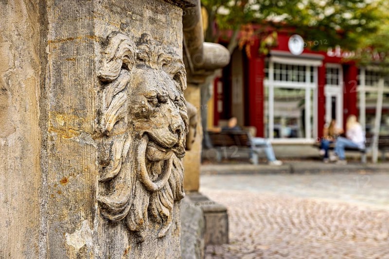 Stone lion relief with a lively, cozy square in the background, lion's head at the fountain in the old town of Arnstadt in Thuringia