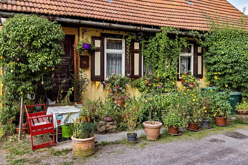 A rustic house with a lush garden in front of the door and a cozy wooden chair, old house with front garden in the old town of Arnstadt in Thuringia