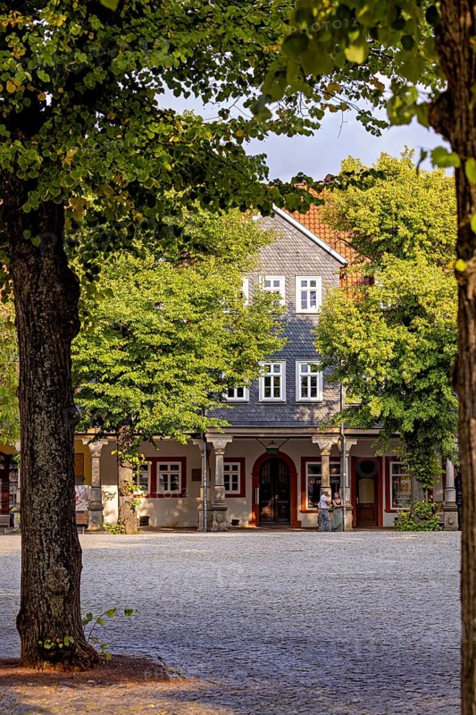 Cobblestone square surrounded by historic buildings and leafy trees, The old town of Arnstadt in Thuringia