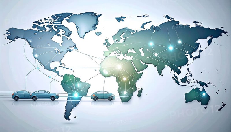Abstract visualization of global rare earth supply network feeding EV industry, world map design, tech aesthetic, clean lines, rare earth for electric vehicles, AI generetaed, AI generated