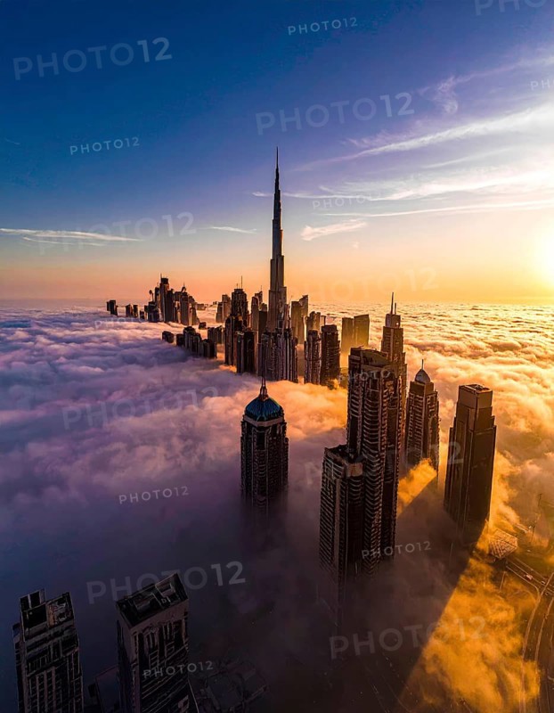 City scape emerging from a dense enveloping fog in sunrise and skyscrapers piercing the haze, big metropolis with skyline, mist on ground, blue sky, city in an aerial view, AI generated