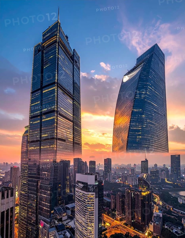 Collage of skyscrapers of a metropolitan city, various skylines with different blue sky in sunset, urban wallpaper illustration background, banner or template for real estate and travel themes, AI generated