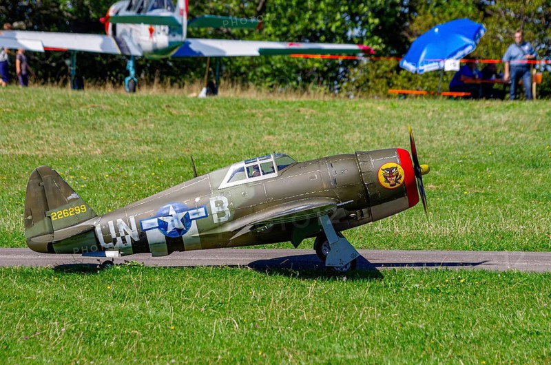 An RC model of a Republic P-47 Thunderbolt during a demonstration as part of an air show at the Fliegerbergfest of the Rossfeld Luftsportverein in Metzingen-Glems, Baden-Württemberg, Germany, for editorial use only
