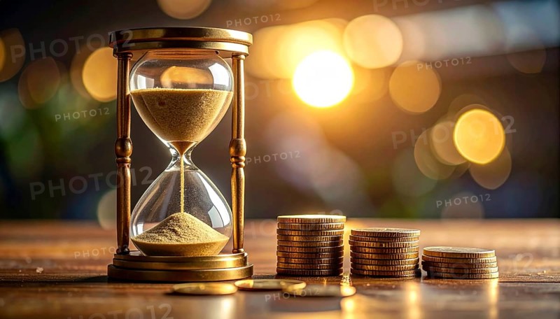 Hourglass and stacked golden coins, illustrating currency fluctuation and time impact commodities value, symbolizing fluctuating finance market changes, business setting, glass with sand on wooden table in the office, blurred background, wallpaper illustration, AI generated