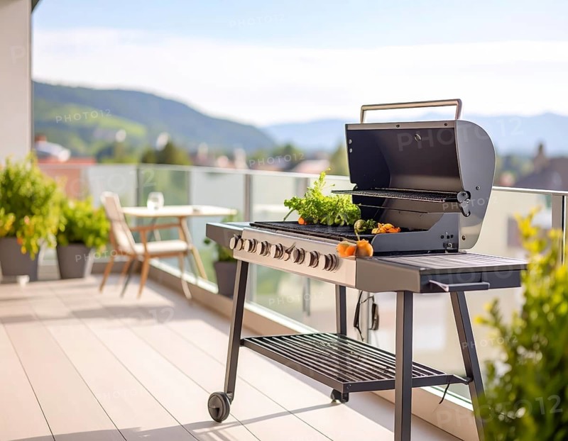 Cooking vegetables on grill on the balcony, healthy lifestyle, vegetarian barbeque, leisure time in summer, suburban setting with blurred background, soft golden light of evening, blue sky, AI generated