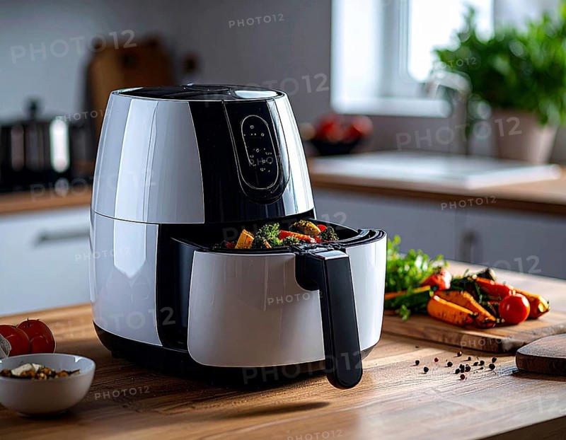 Air fryer with grilled vegetables, wooden table in the kitchen, healthy eating, healthy vegetarian lifestyle with fruits and vegetables, close up with blurred background, soft light, AI generated