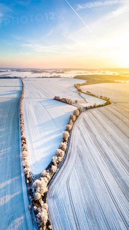 Bird Eye Perspective of Frost Covered Farmland. Seasonal Agricultural Scenery, winter and autumn scene, blue sky with golden light at sunrise, AI generated