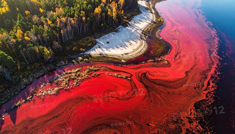 Red algae plant on the lake. abstract ecology nature concept, wild landscape with vibrant red colored water and green forest on a sunny day in summer, Aerial view, wilderness nature with no people around, AI generated