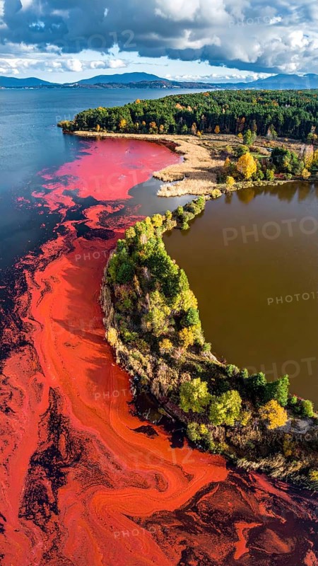 Red algae plant on the lake. abstract ecology nature concept, wild landscape with vibrant red colored water and green forest on a sunny day in summer, Aerial view, wilderness nature with no people around, AI generated