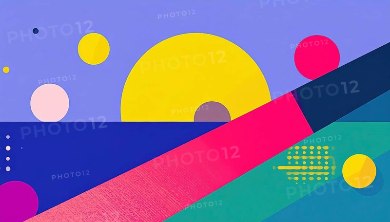 Vector art illustration, spheres, rectangles, triangles and geometric pattern, vector wallpaper illustration, textured background in vibrant colors, abstract drawing, simple artwork design for template or banner, AI generated