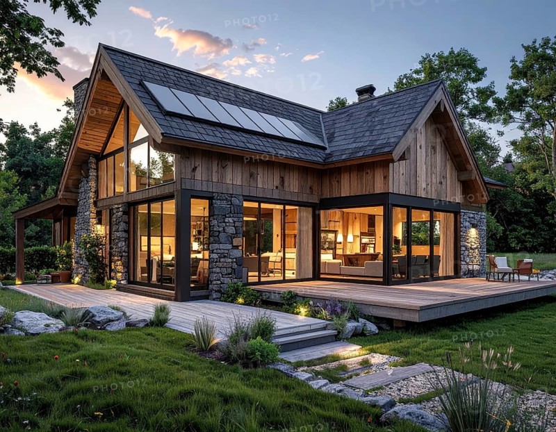 Modern Extension on a Traditional Cottage with Glass and Wood Architecture, green garden with plants and trees in the wilderness, evening soft twilight, on a clear sky, lights insight, AI generated