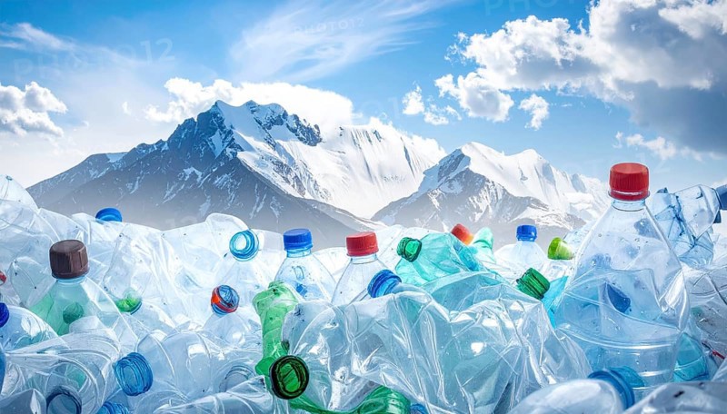 Crushed plastic water bottle waste in a wild landscape, symbol for nature protection, waste avoidance, recycling and ecology concepts on earth environment, AI generated