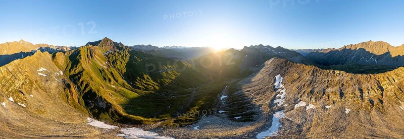 Sunrise 360° Alpine panorama, aerial view of Bachlenkenkopf, summit of the Großvenediger, Venediger Group and Lasörling Group, Hohe Tauern, Austria