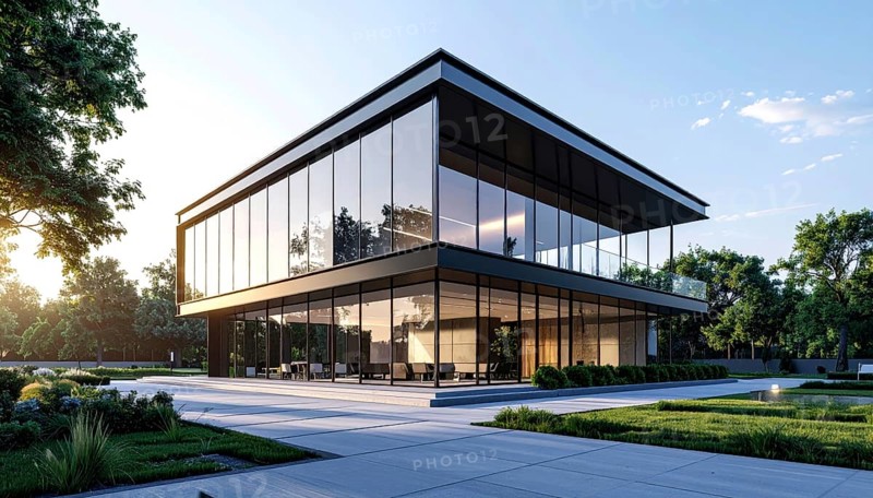Modern architectural framework with glass and steel structure, glass facade with a greed of steel arrows, blue sky with a soft golden light of a sunrise, AI generated