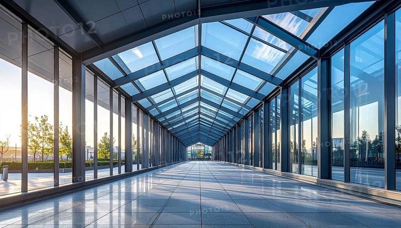 Modern architectural framework with glass and steel structure, glass facade with a greed of steel arrows, blue sky with a soft golden light of a sunrise, AI generated