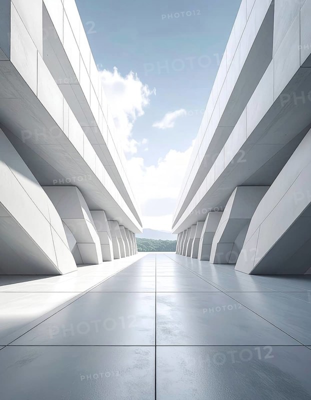 3d illustration of abstract modern architecture background, Minimal geometry architectural design, futuristic car presentation backdrop with empty concrete floor and clear simple lines, white and grey color tones, AI generated