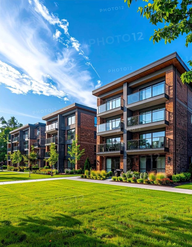 Modern apartment building with balconies and well-kept landscaping at sunset, Modern multifamily housing property with brick, siding facade features balconies, manicured lawns. Contemporary residential buildings offer urban living spaces, condominium options in scenic town, blue sky with a colorful sunrise, AI gererated, AI generated