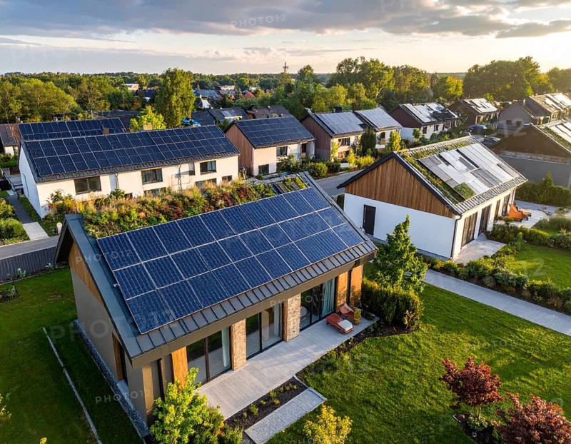 Aerial view showcases modern houses with solar panels and green roofs in a suburban setting, vibrant sunrise with blue sky, AI generated