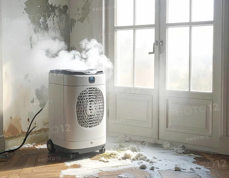 A specialized dehumidifier operates in a mold-infested room following water damage, Shell construction at construction site, AI generated