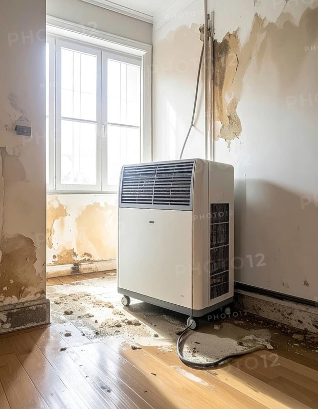 A specialized dehumidifier operates in a mold-infested room following water damage, Shell construction at construction site, AI generated