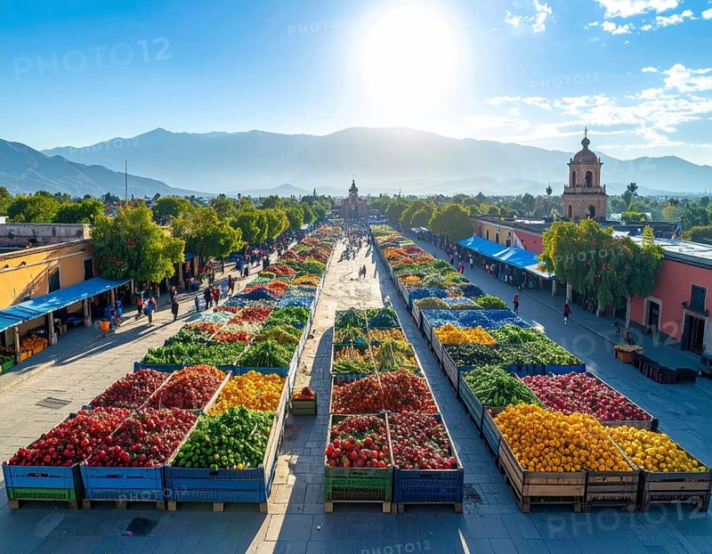 Traditional Mexican plaza with crates of peppers, onions, and tomatoes, economic prosperity in local trade, travel destination in America, AI generated