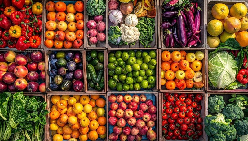 Fresh fruits and vegetables in a market display, aerial view perpendicular top down, healthy eating and lifestyle, AI generated