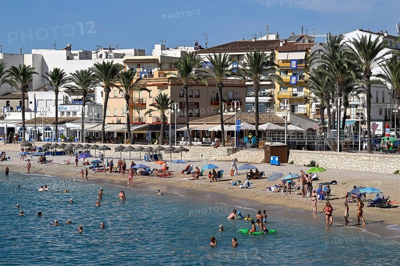 View of the beach and old town of Jávea or Xàbia, Alicante Province, Comunidad Valenciana, Spain